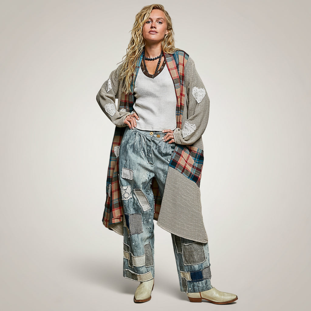 POL Clothing Natural Multi women's plaid patchwork longline coat open wide, full-length front view on model
