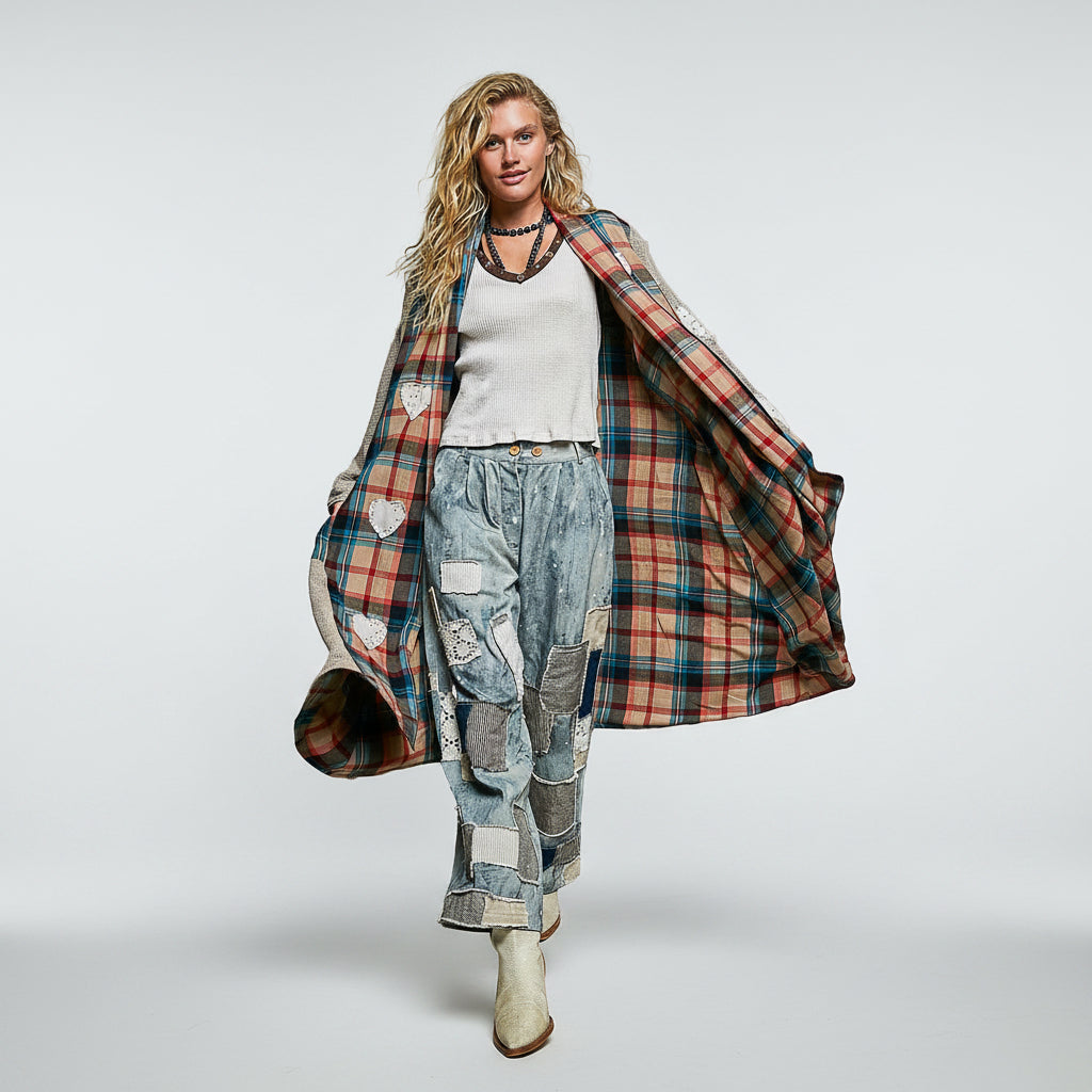 POL Clothing Natural Multi plaid patchwork longline coat on model, open front showing ribbed tank and patchwork denim underneath
