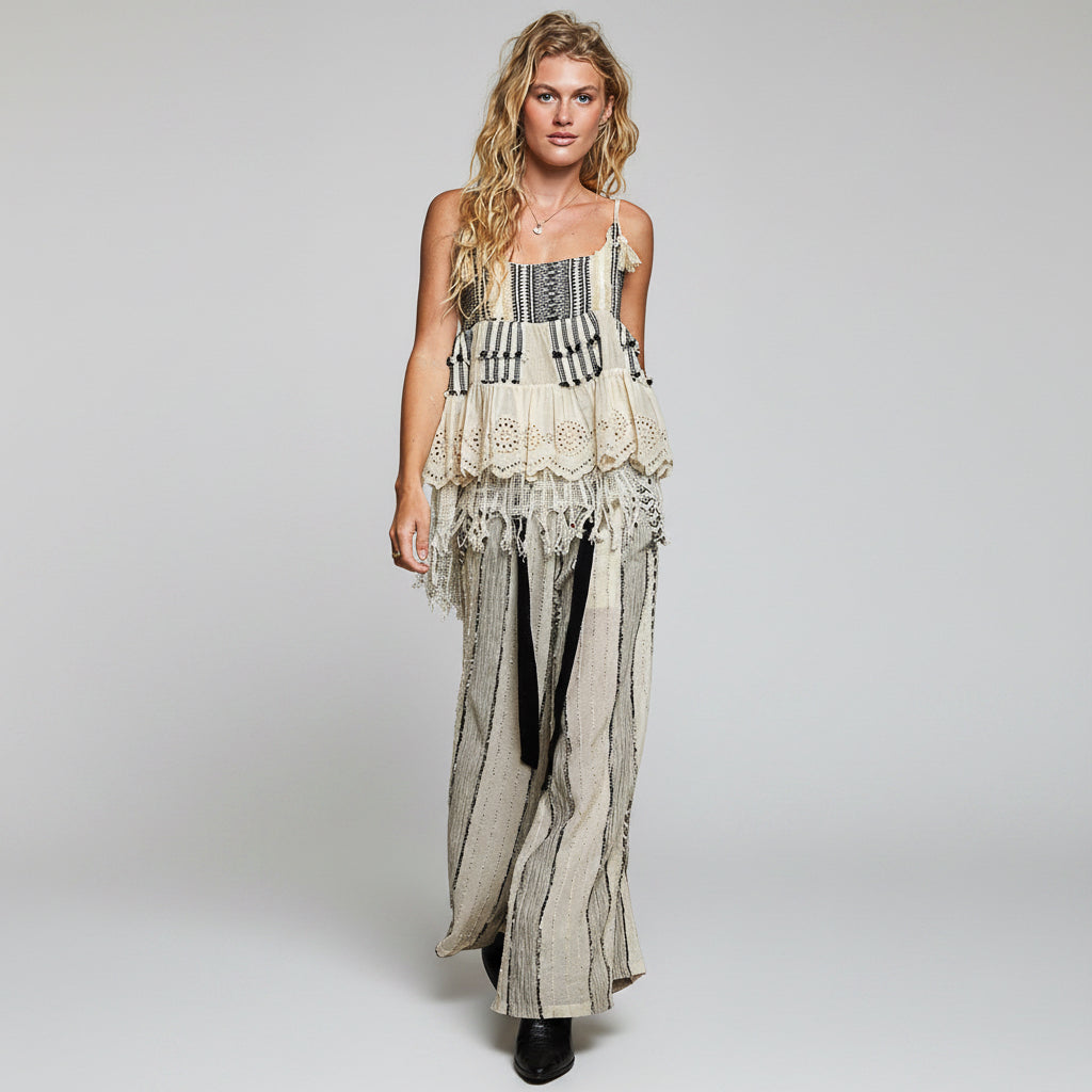 POL women’s Natural Multi tweed eyelet sleeveless top, full-length styling view