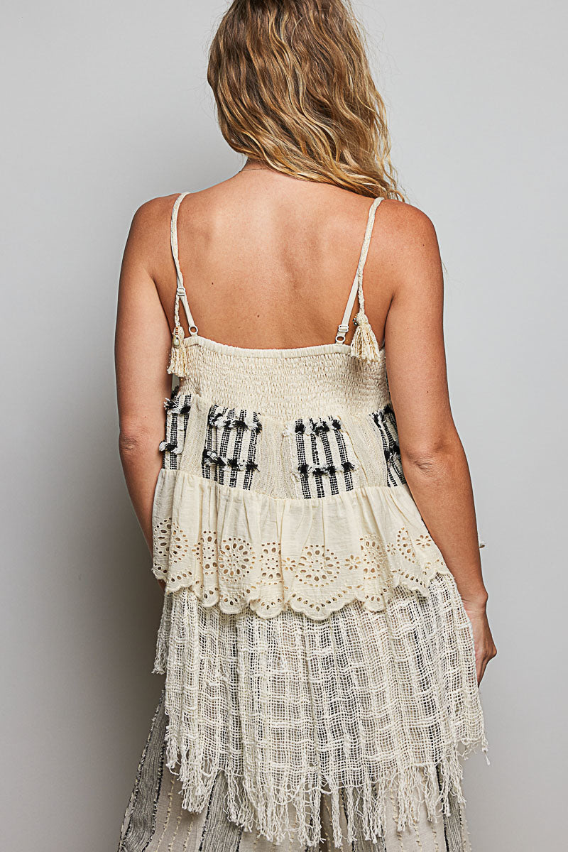 POL women’s Natural Multi layered sleeveless top, back view with thin straps