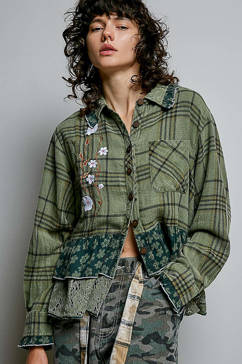 POL Clothing olive multi plaid patchwork button-up top on model, full-length front view with floral embroidery
