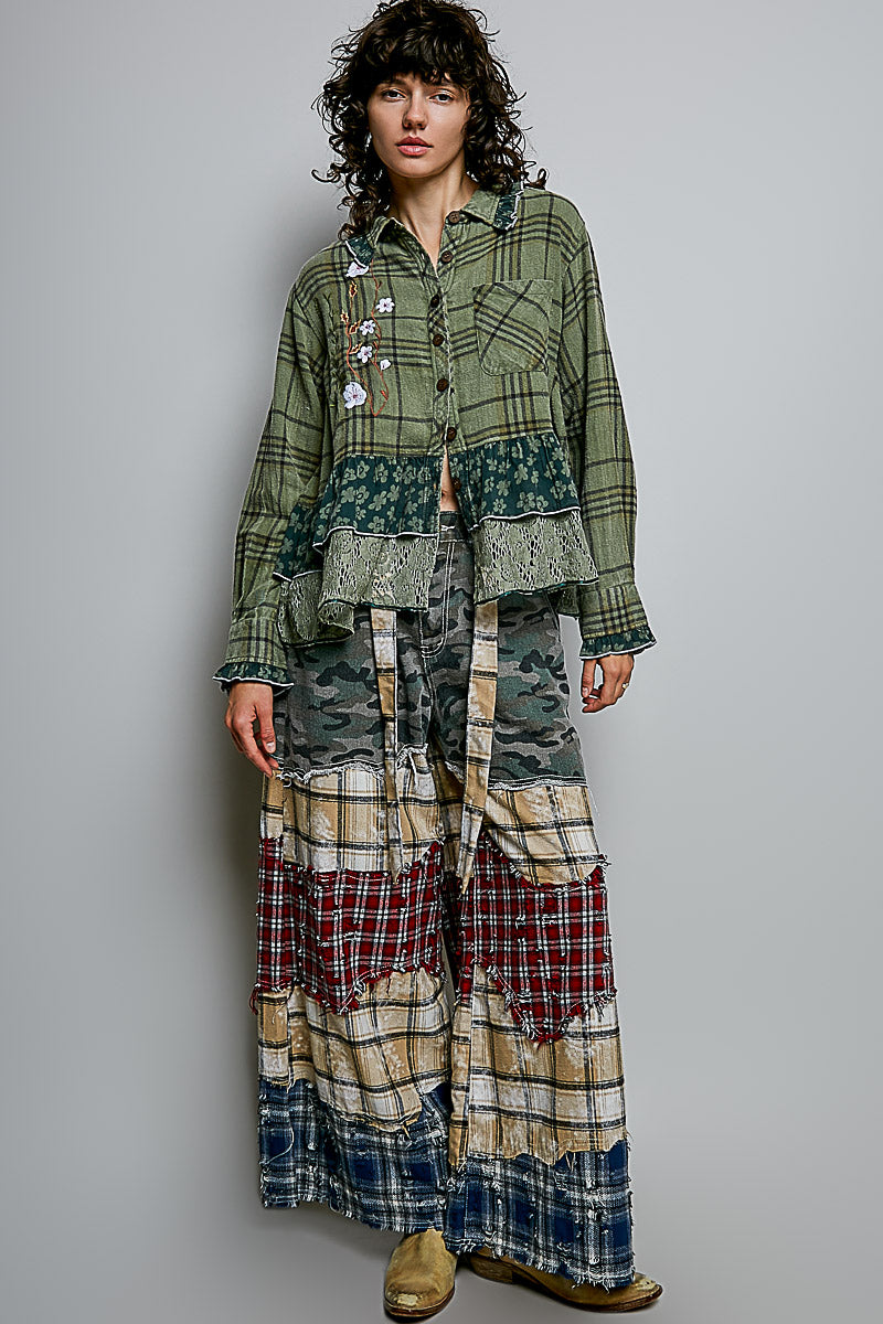 POL Clothing olive plaid button-up top on model, front close-up showing cherry blossom embroidery detail
