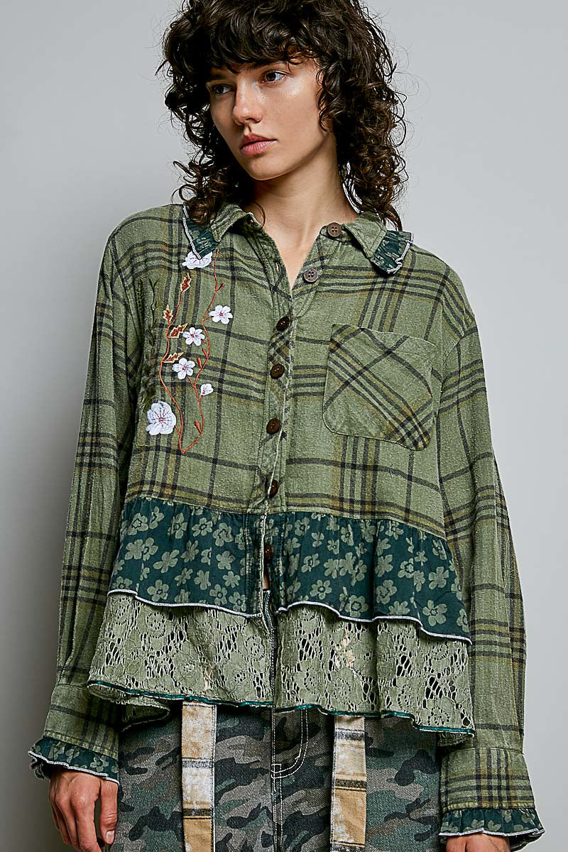 POL Clothing olive plaid patchwork top on model, side view showing ruffle cuffs and layered lace hem
