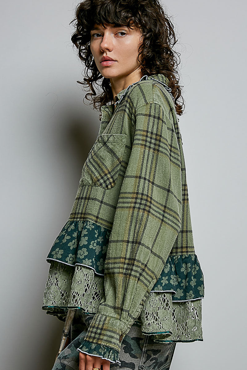 POL Clothing olive multi plaid top on model, back view with lace patch at neckline and teal floral ruffle hem
