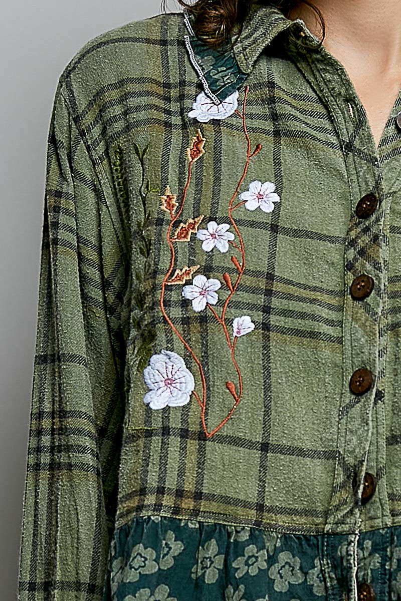 POL Clothing olive plaid patchwork top, close-up detail of layered teal floral ruffle and sage lace hem
