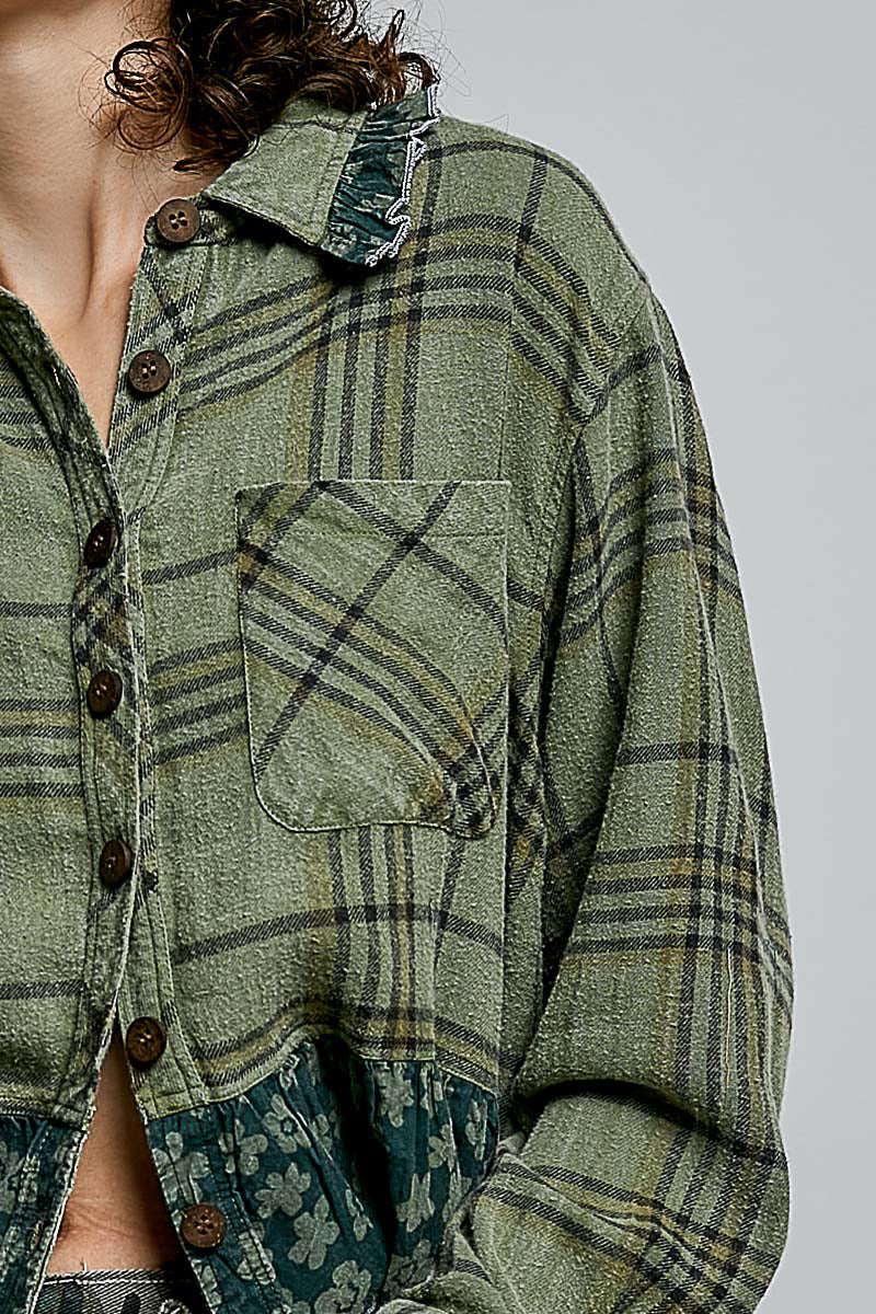 POL Clothing olive plaid top, close-up of cherry blossom embroidery with red stems on left chest panel
