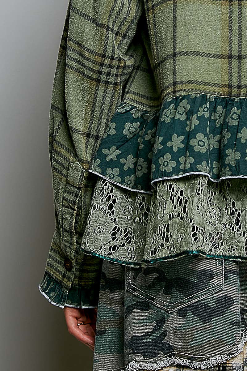 POL Clothing olive multi plaid patchwork button-up top on model, back view showing layered ruffle hem

