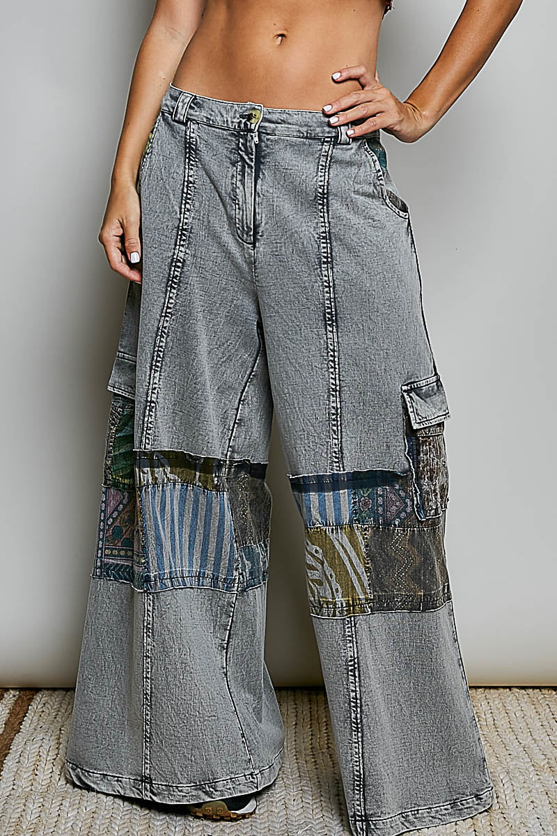 POL Wide-Leg Patchwork Denim Cargo Pants