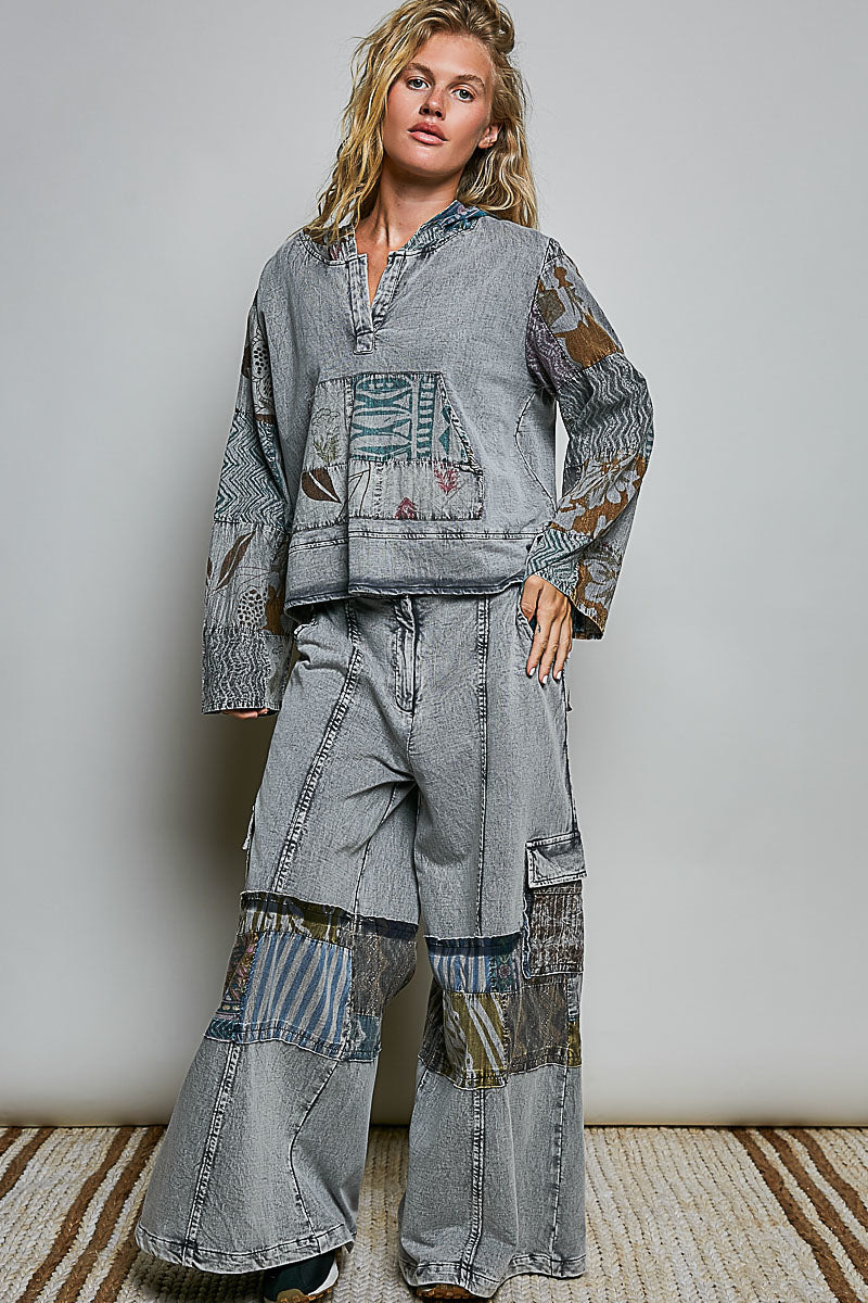 POL Wide-Leg Patchwork Denim Cargo Pants