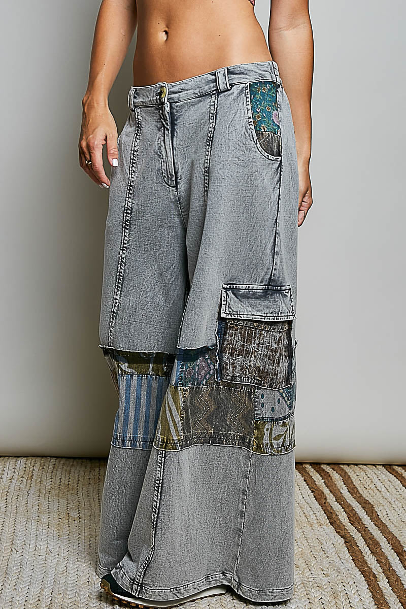 POL Wide-Leg Patchwork Denim Cargo Pants