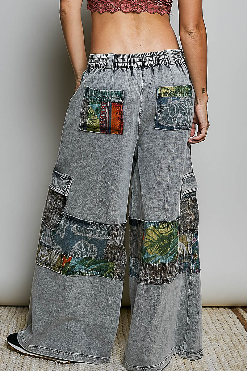 POL Wide-Leg Patchwork Denim Cargo Pants