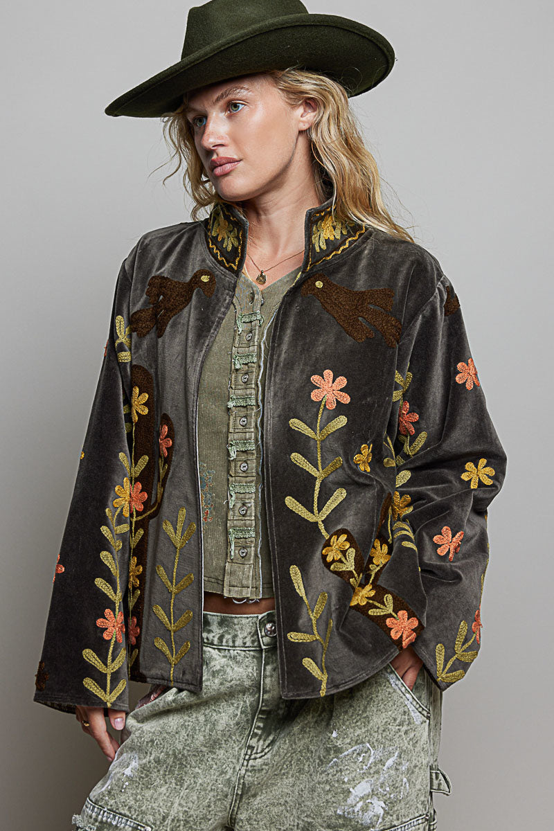 POL Clothing charcoal velvet jacket back view with cactus embroidery and embroidered collar