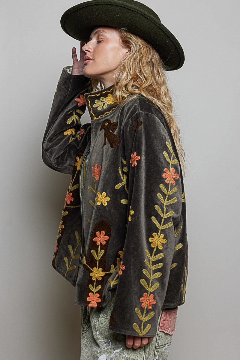 POL Clothing velvet jacket close-up of floral vine embroidery along the side and sleeve