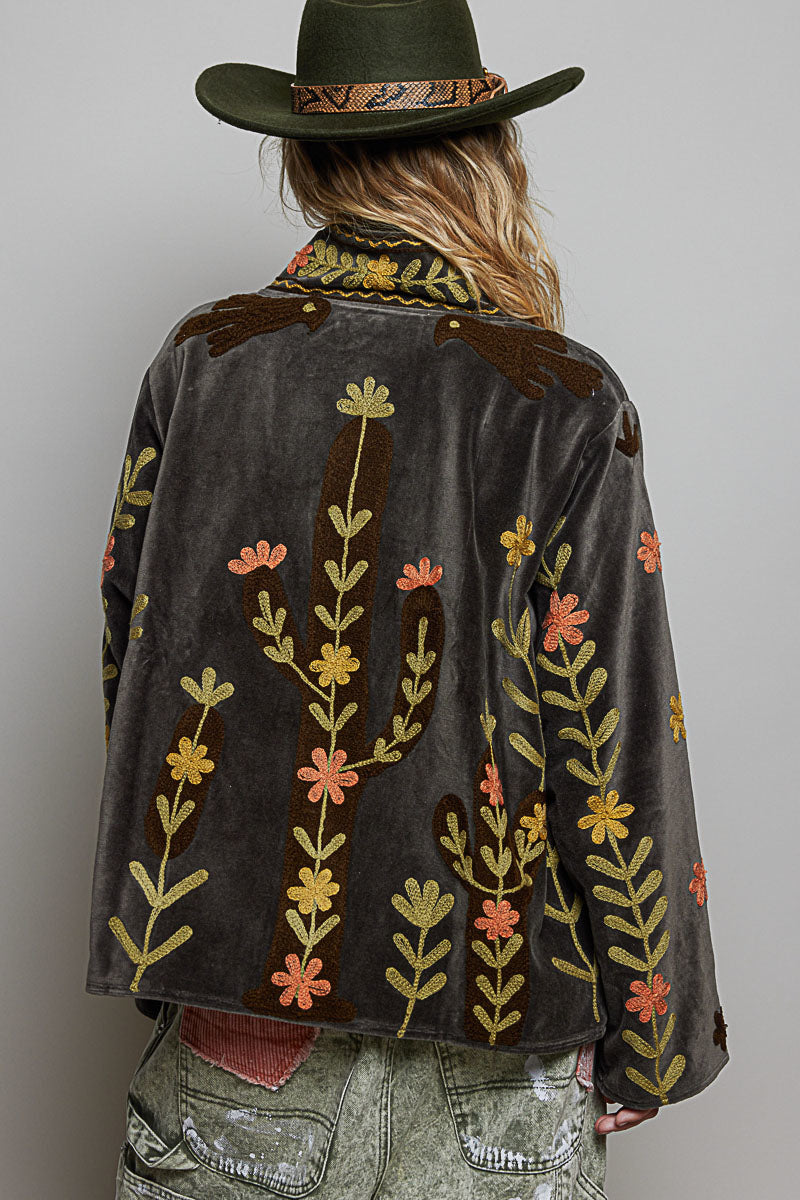POL Clothing women's charcoal embroidered velvet jacket full-length with wide-leg jeans