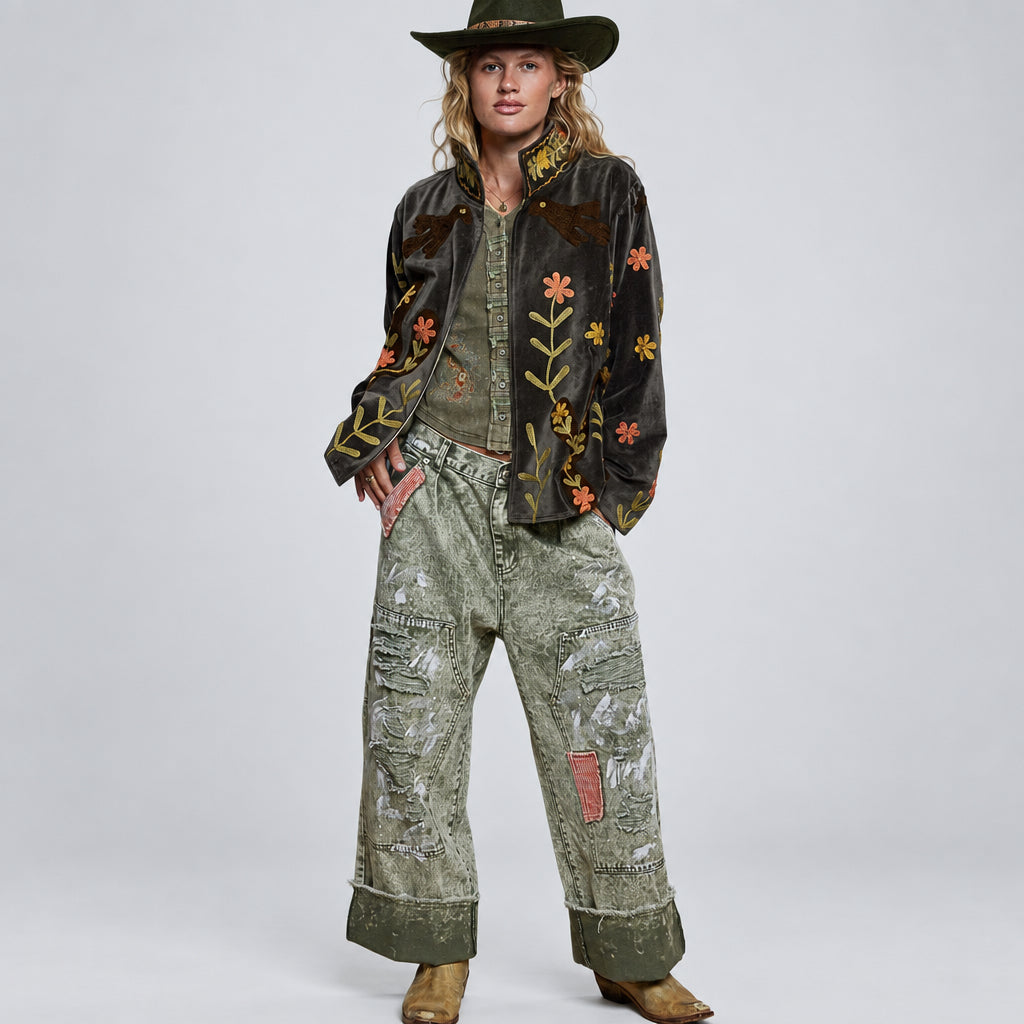 POL Clothing charcoal gray open front floral embroidered velvet jacket front view