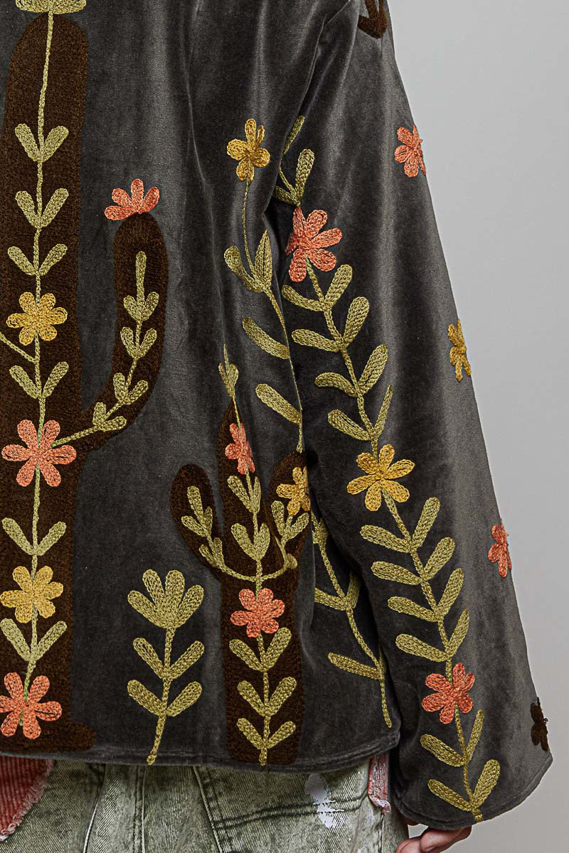 POL Clothing velvet jacket back close-up of cactus and bird patch embroidery