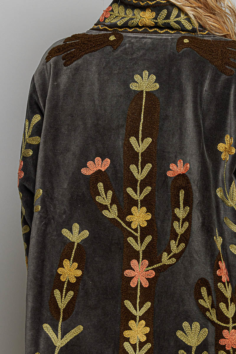 POL Clothing boho floral embroidered velvet jacket side profile with long sleeves