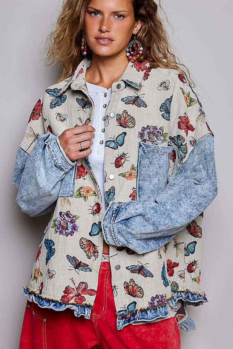 POL Clothing women's Almond Multi butterfly floral jacket back pocket detail