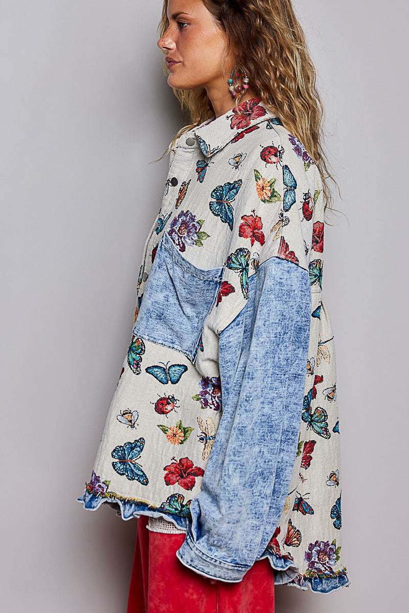 POL Clothing women's Almond Multi butterfly floral mixed-media jacket side view