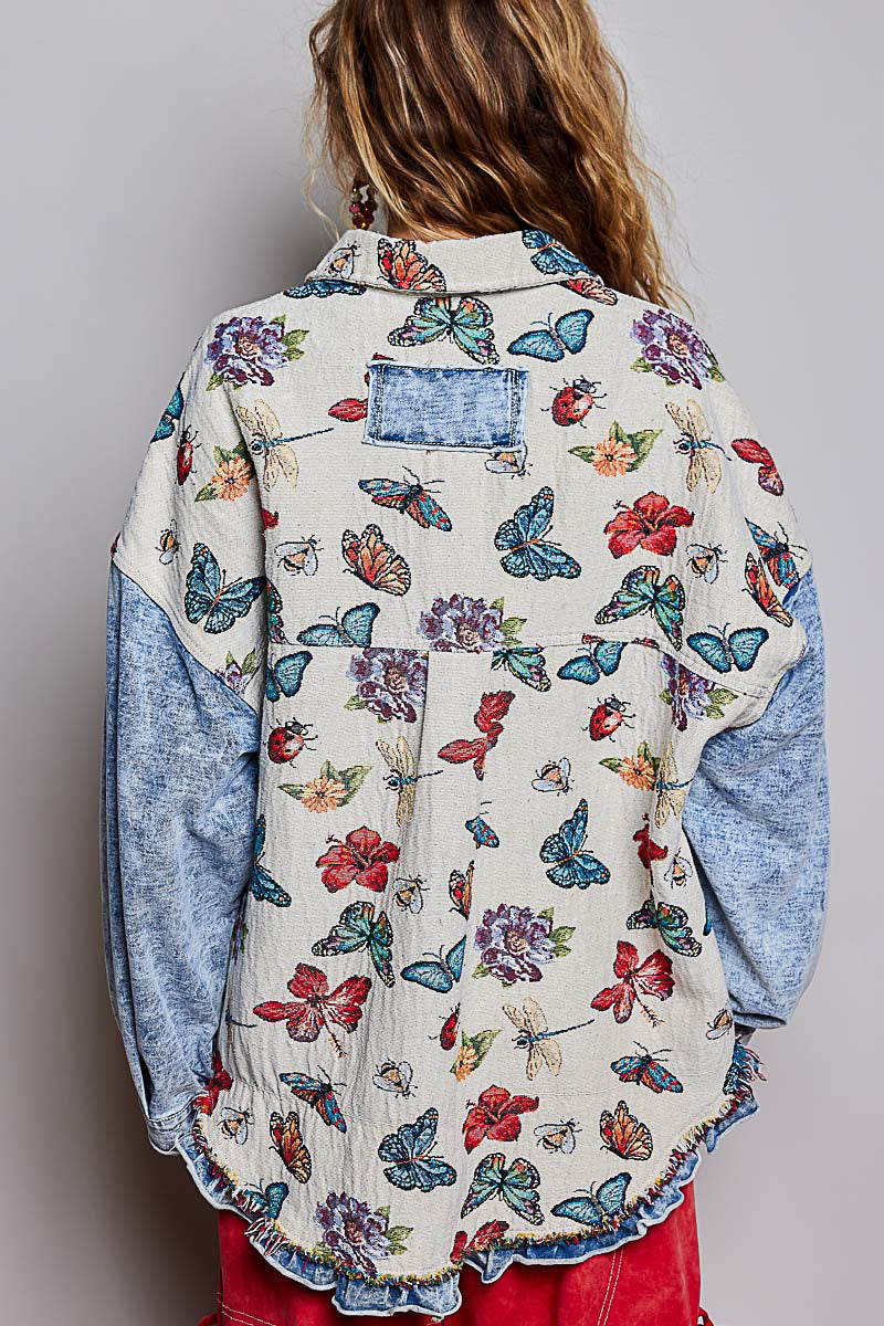POL Clothing women's Almond Multi butterfly floral jacket front detail