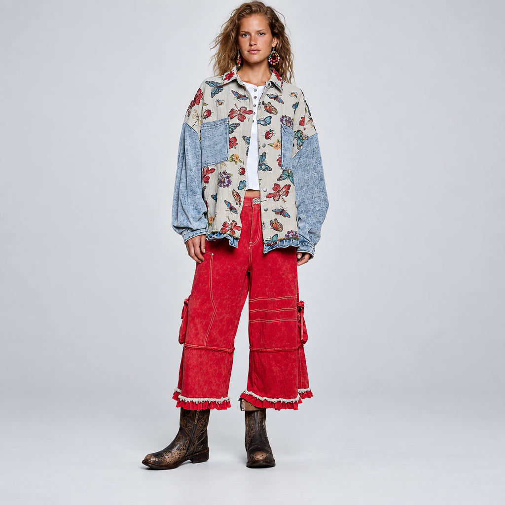 POL Clothing women's Almond Multi butterfly floral mixed-media jacket back view