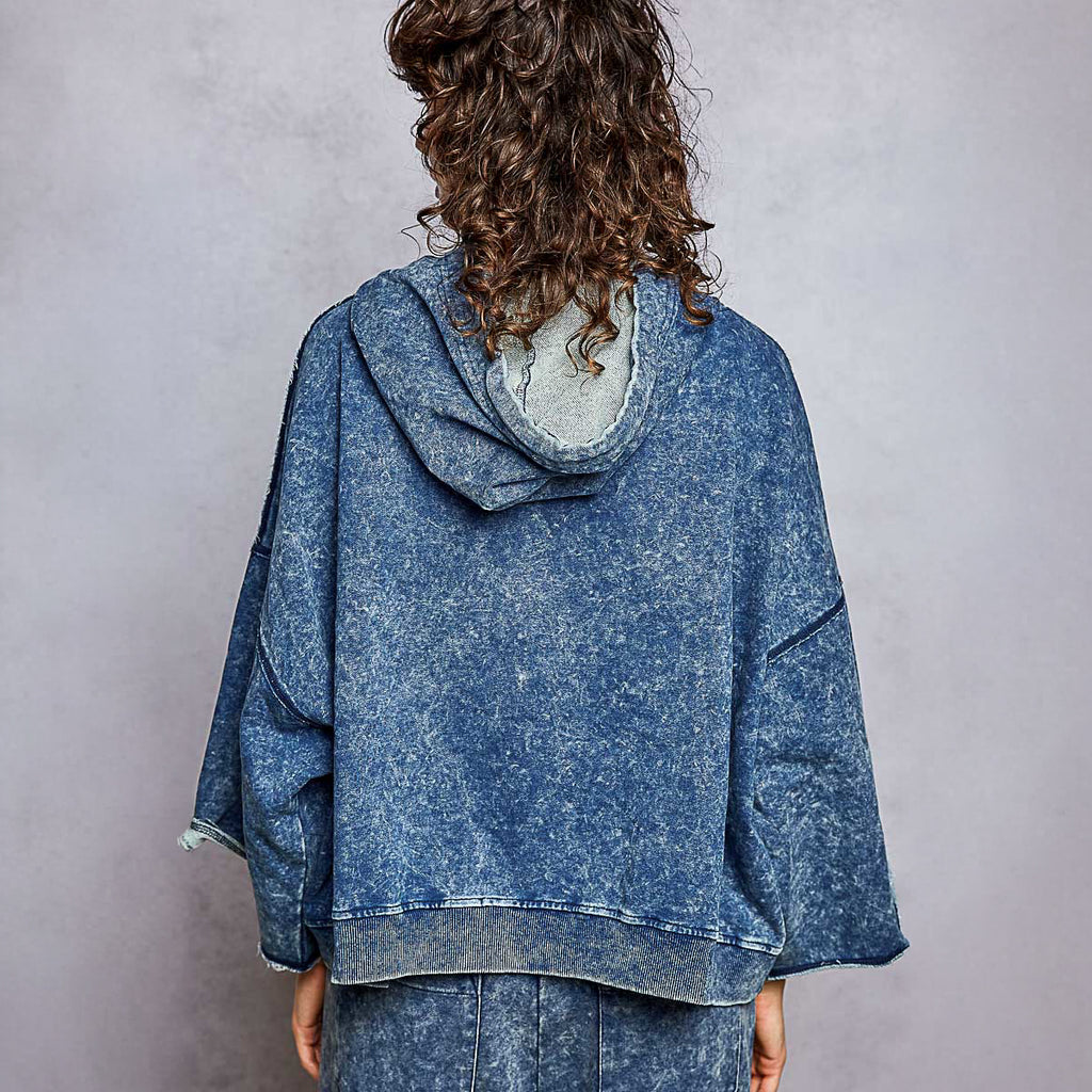 POL Clothing Women Indigo POL Clothing Love Vintage Wash Crochet Lace Hoodie Studio Back View with Oversized Hood