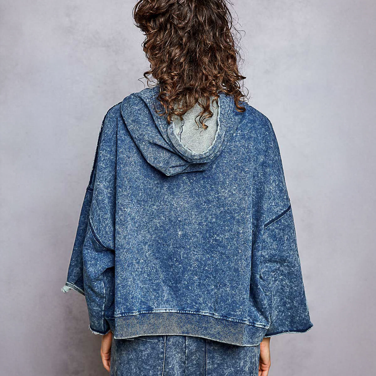 POL Clothing Women Indigo POL Clothing Love Vintage Wash Crochet Lace Hoodie Studio Back View with Oversized Hood