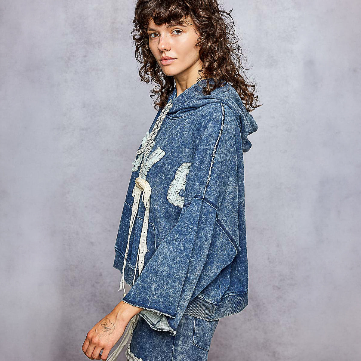 POL Clothing Love Vintage Wash Crochet Lace Hoodie