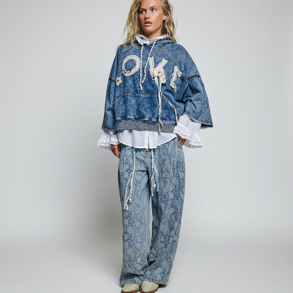 POL Clothing women's indigo vintage wash LOVE crochet lace hoodie, front view on model - BellanBlue
