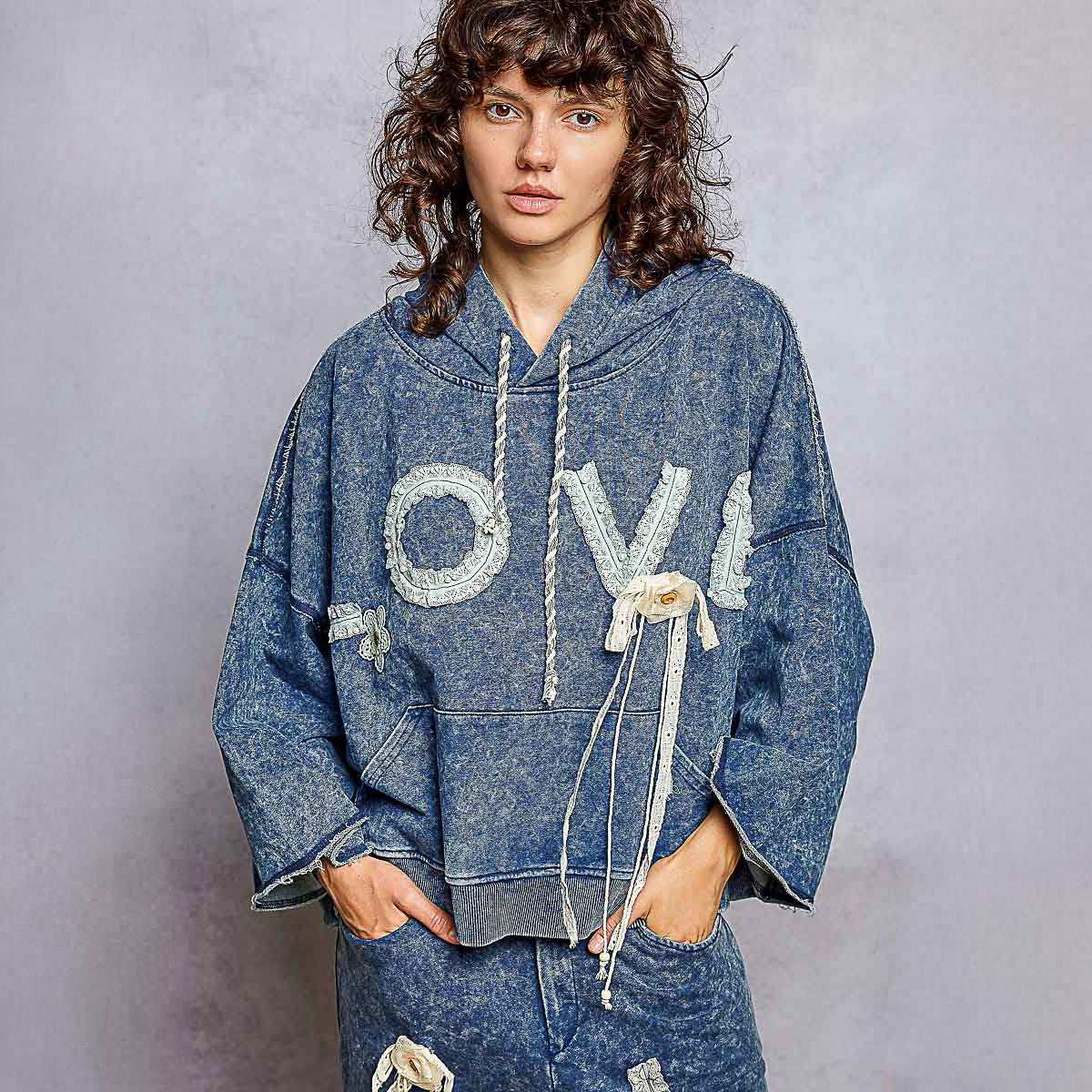 POL Clothing Women Indigo POL Clothing Love Vintage Wash Crochet Lace Hoodie Studio Front View