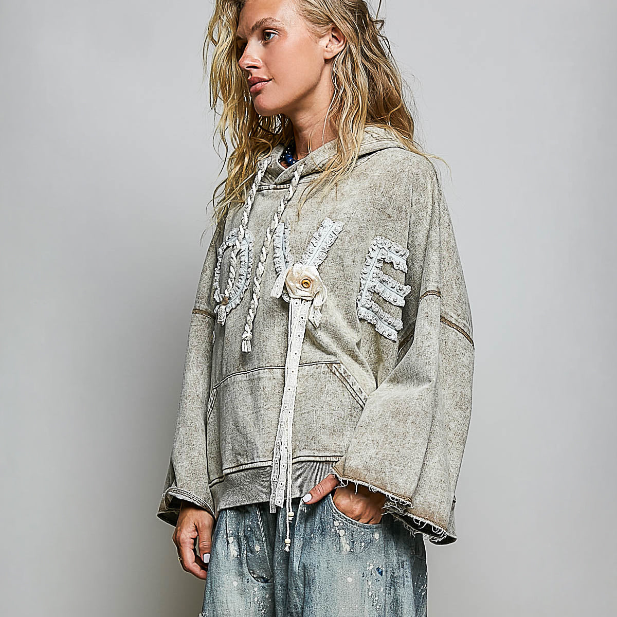POL Clothing Love Vintage Wash Crochet Lace Hoodie