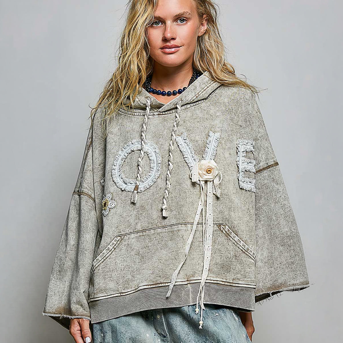 POL Clothing Women Taupe POL Clothing Love Vintage Wash Crochet Lace Hoodie Studio Front View