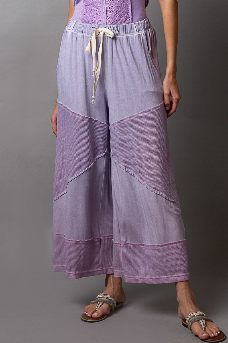 POL women's dusty lilac colorblock culotte pants with patchwork panels and contrast drawstring, front detail
