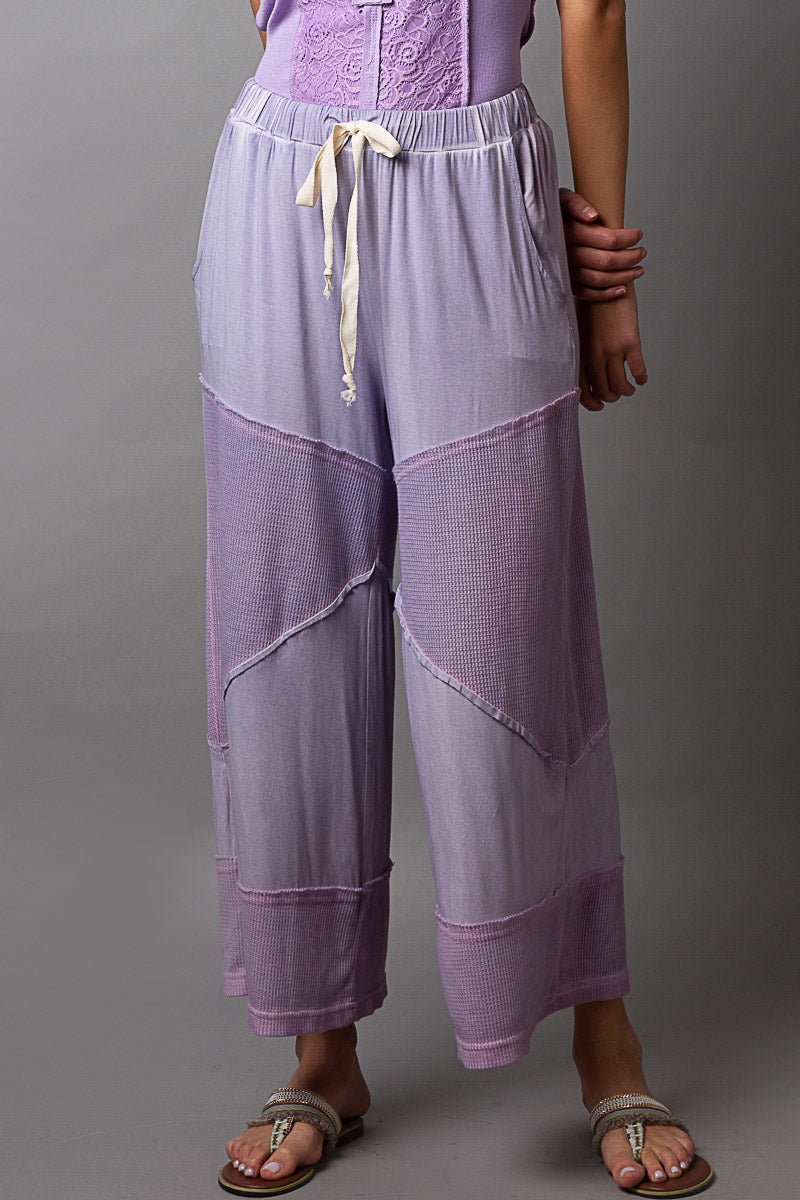 POL women's dusty lilac wide-leg culotte pants with tonal colorblock panels and drawstring waist, alternate front view
