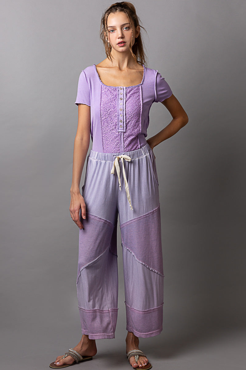 POL women's dusty lilac colorblock wide-leg culotte pants with drawstring waist, full-length studio view
