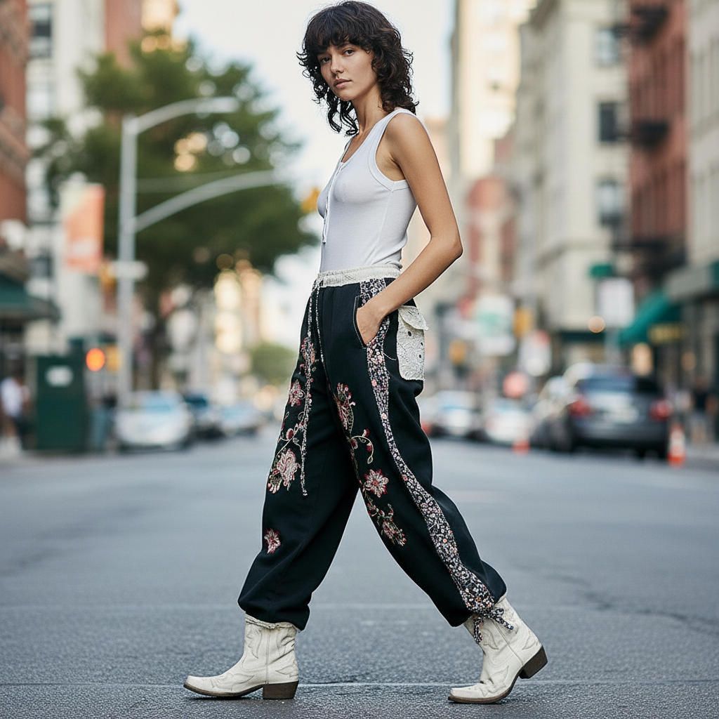 Black wide leg pants styled with model walking on city street - BellanBlue