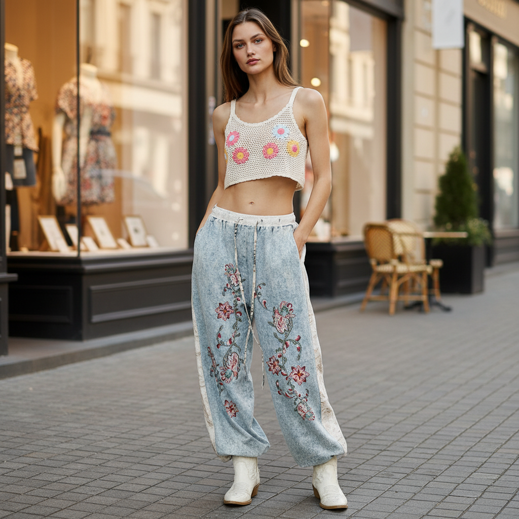 Denim wide leg pants styled with model standing near boutique storefront - BellanBlue