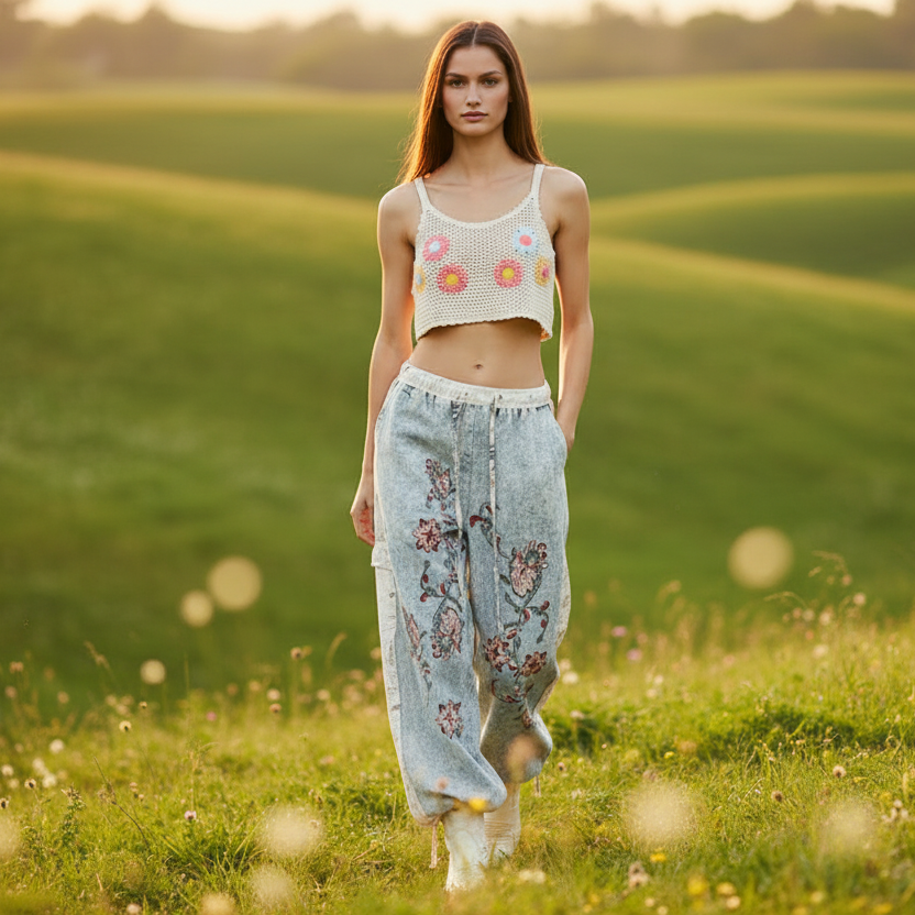 Denim wide leg pants styled with model walking on city street - BellanBlue