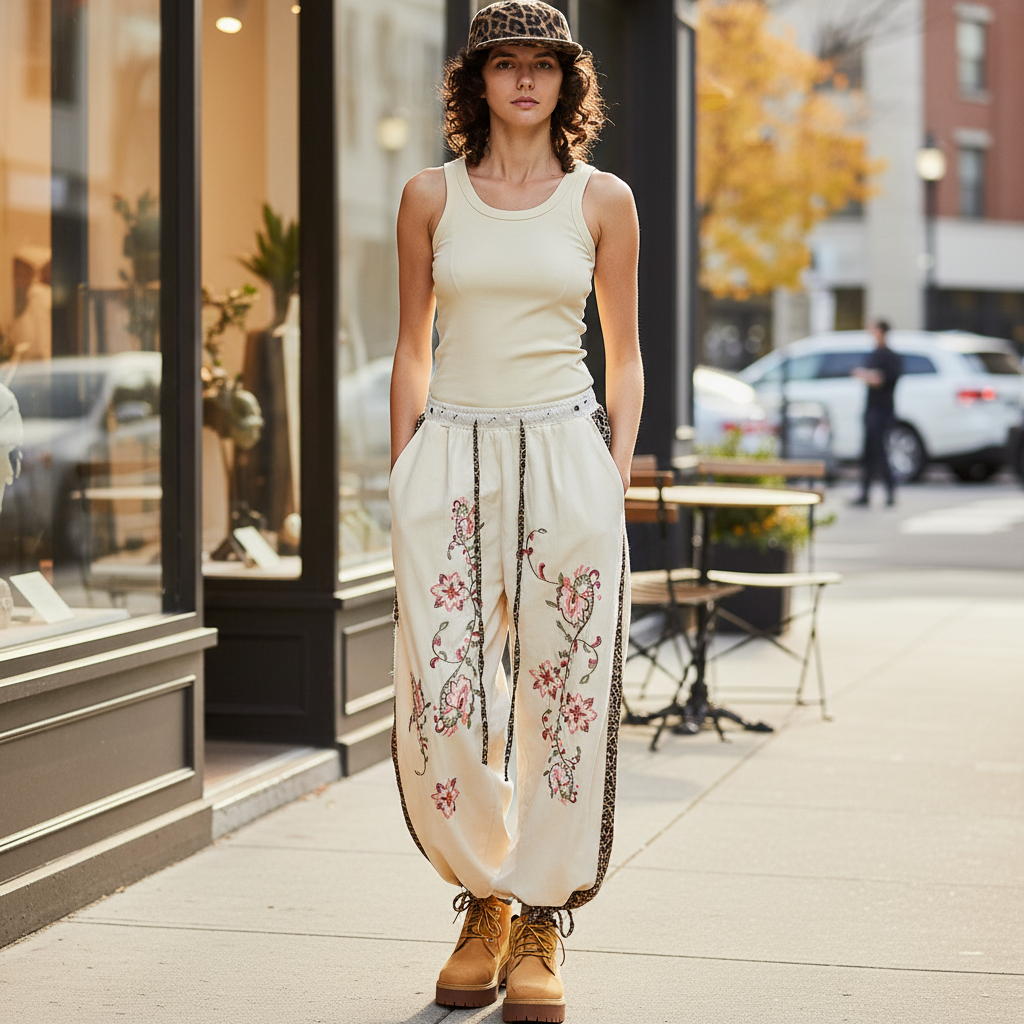 Powder beige wide leg pants styled with model standing near boutique storefront - BellanBlue