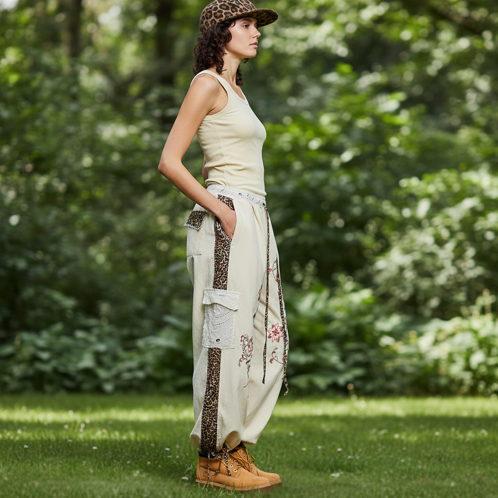 Powder beige wide leg pants styled with model in relaxed outdoor setting - BellanBlue