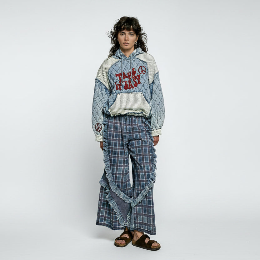 POL Clothing Denim Multi quilted thermal patch hoodie on model, full-length front view on white background - BellanBlue
