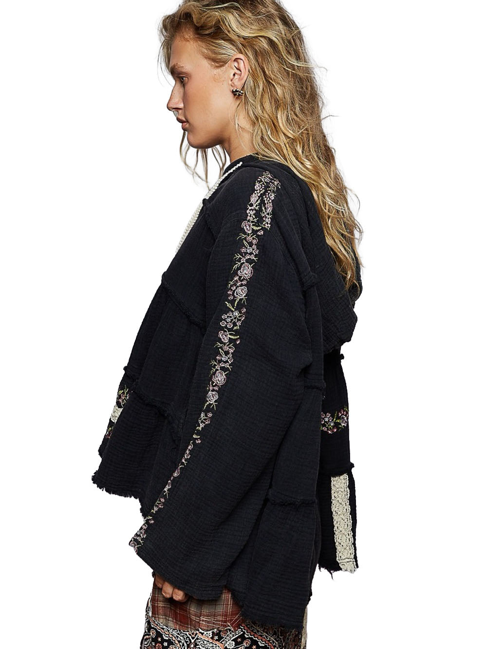 POL Clothing women's black gauze hoodie side view showing floral sleeve embroidery and relaxed tiered silhouette