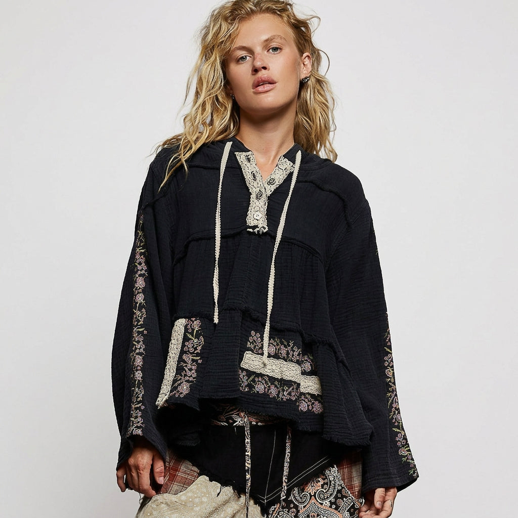 POL Clothing women's black embroidered gauze hoodie front view with cream drawstrings and lace-trim details