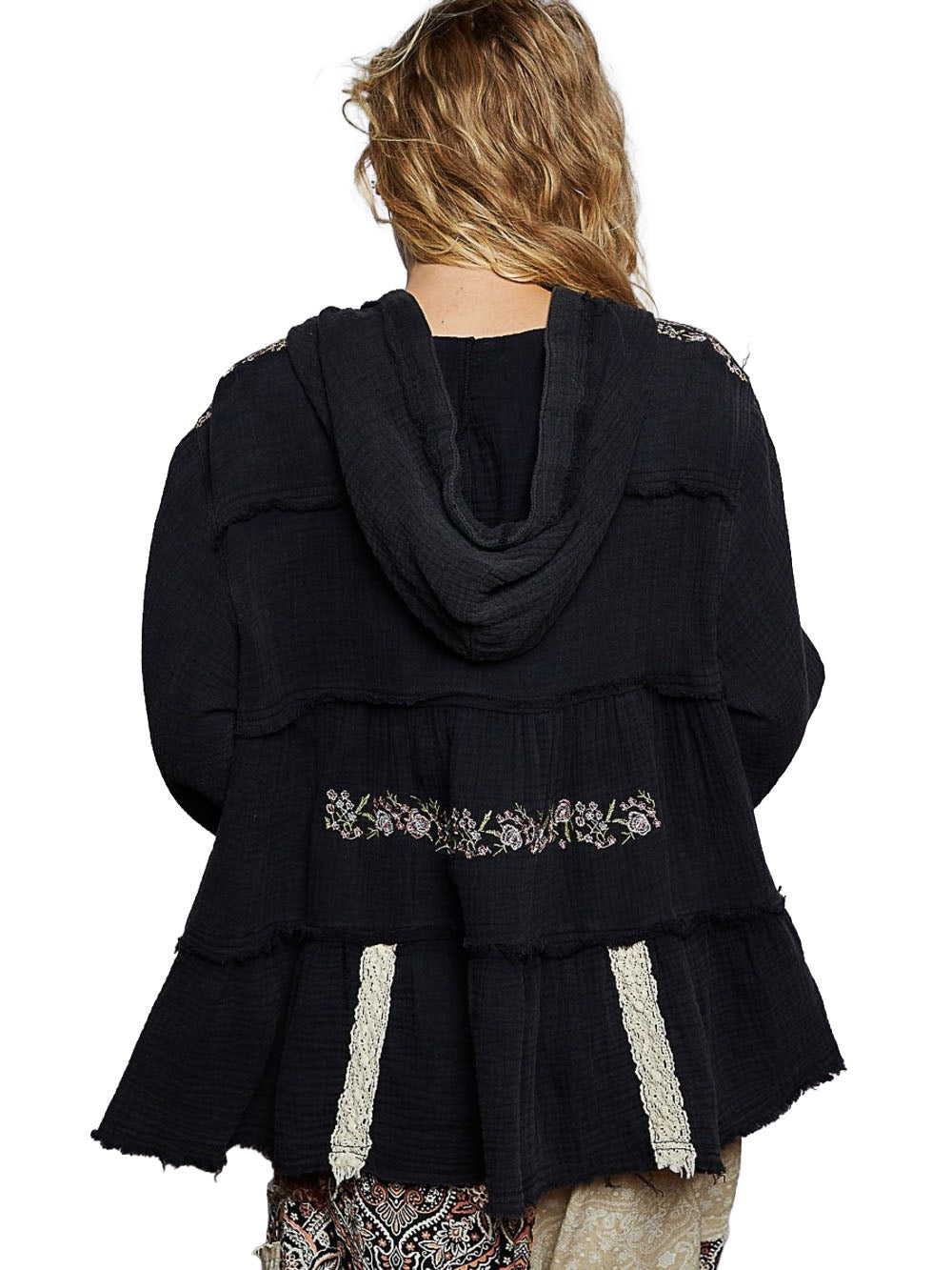 POL Clothing women's black gauze hoodie back view with floral embroidery, draped hood and cream lace trim