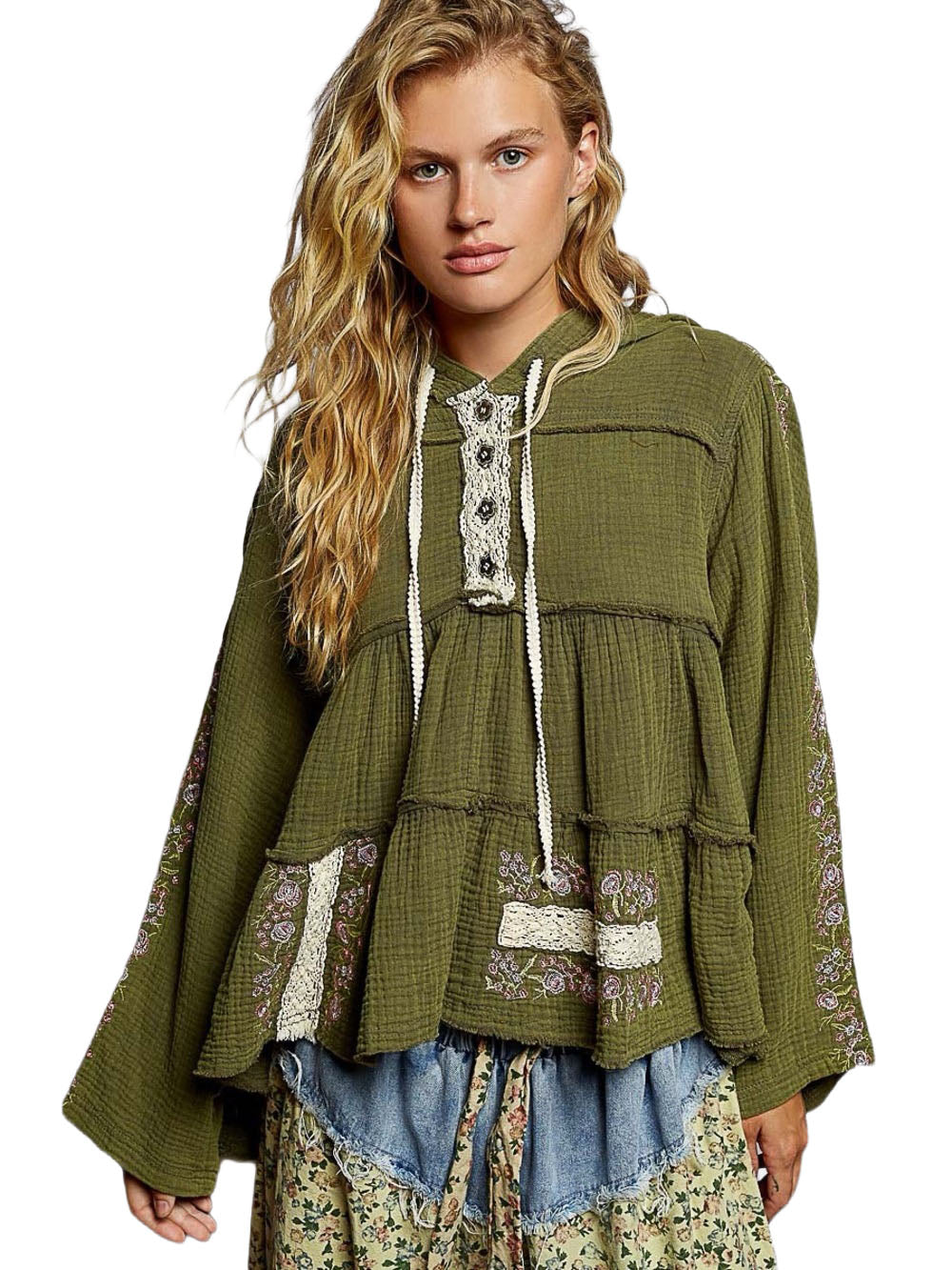 POL Clothing women's Forest Green gauze hoodie three-quarter view with embroidered sleeve and cream lace trim