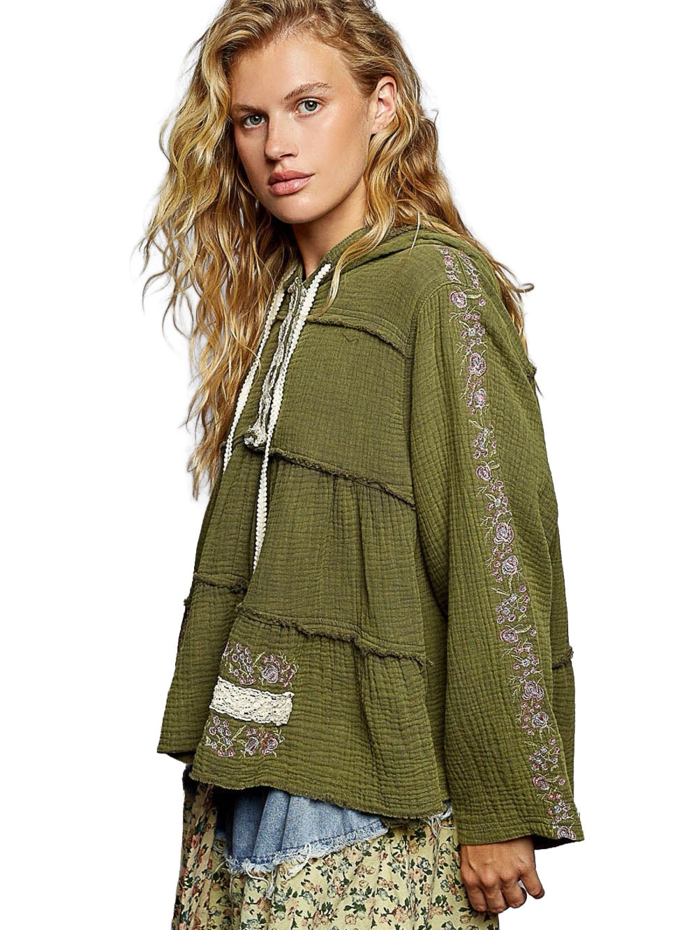 POL Clothing women's Forest Green hoodie back view with floral embroidery and two vertical cream lace strips