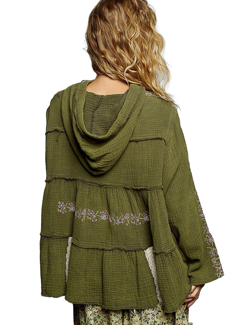 POL Clothing women's Forest Green gauze hoodie front view with cream lace placket and floral sleeve embroidery