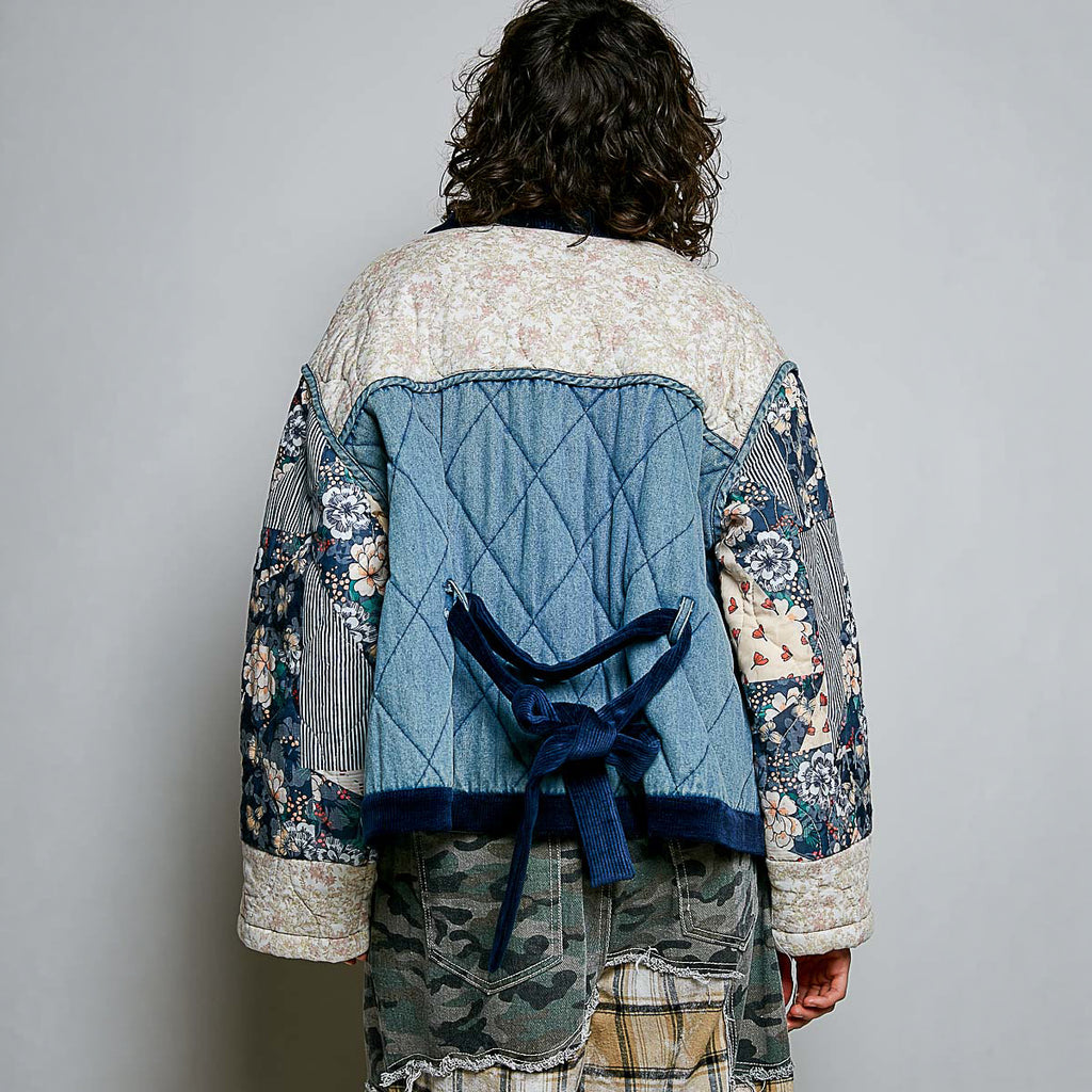 POL Clothing Denim Multi quilted patchwork cardigan back view, navy velvet tie waist detail on model - BellanBlue
