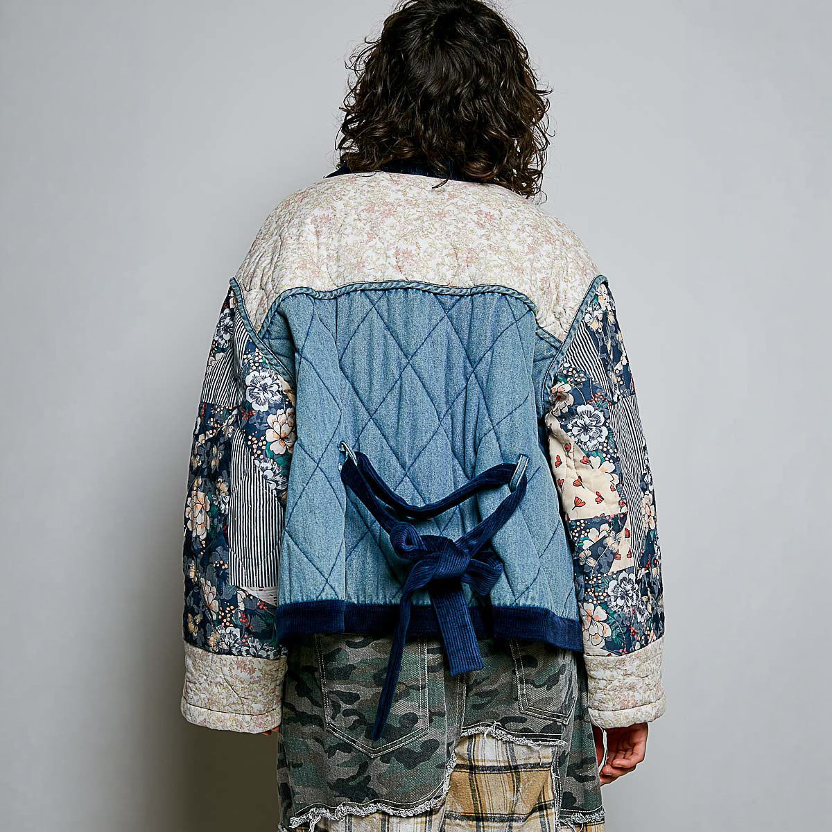 POL Clothing Denim Multi quilted patchwork cardigan back view, navy velvet tie waist detail on model - BellanBlue
