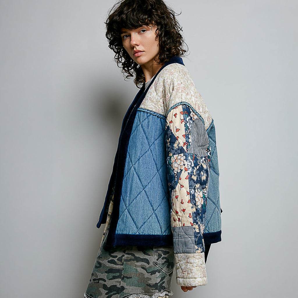 POL Clothing Denim Multi quilted patchwork cardigan back view, floral and stripe patchwork sleeves on model
